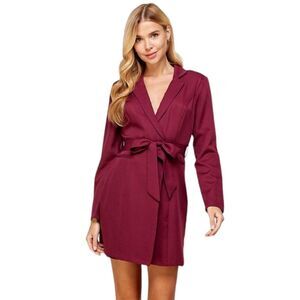 Milk & Honey burgundy red long sleeve belted wrap short blazer dress